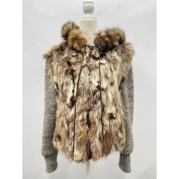 Vintage 80s Stevens Furs Custom Light Brown Tan Racoon Fur Jacket Knitted Sleeve